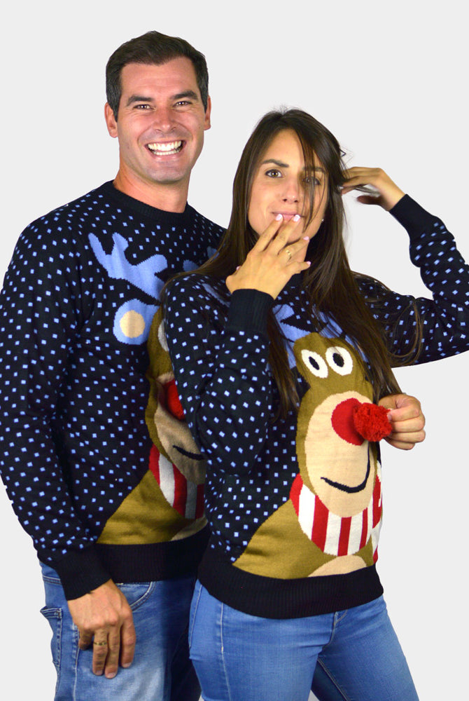 Blue 3D Couple's Christmas Jumper Reindeer with Red Nosed