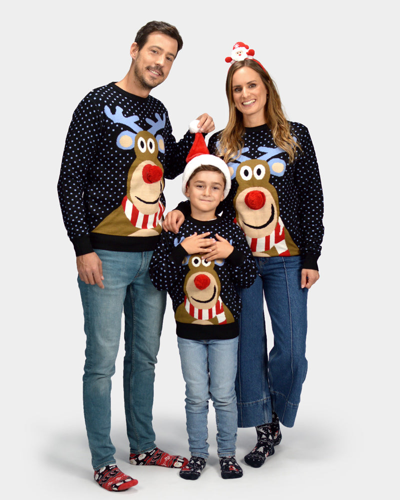 Blue 3D Family Christmas Jumper Reindeer with Red Nosed