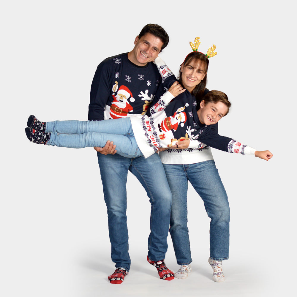 Blue Boys and Girls Christmas Jumper with Santa and Rudolph Family