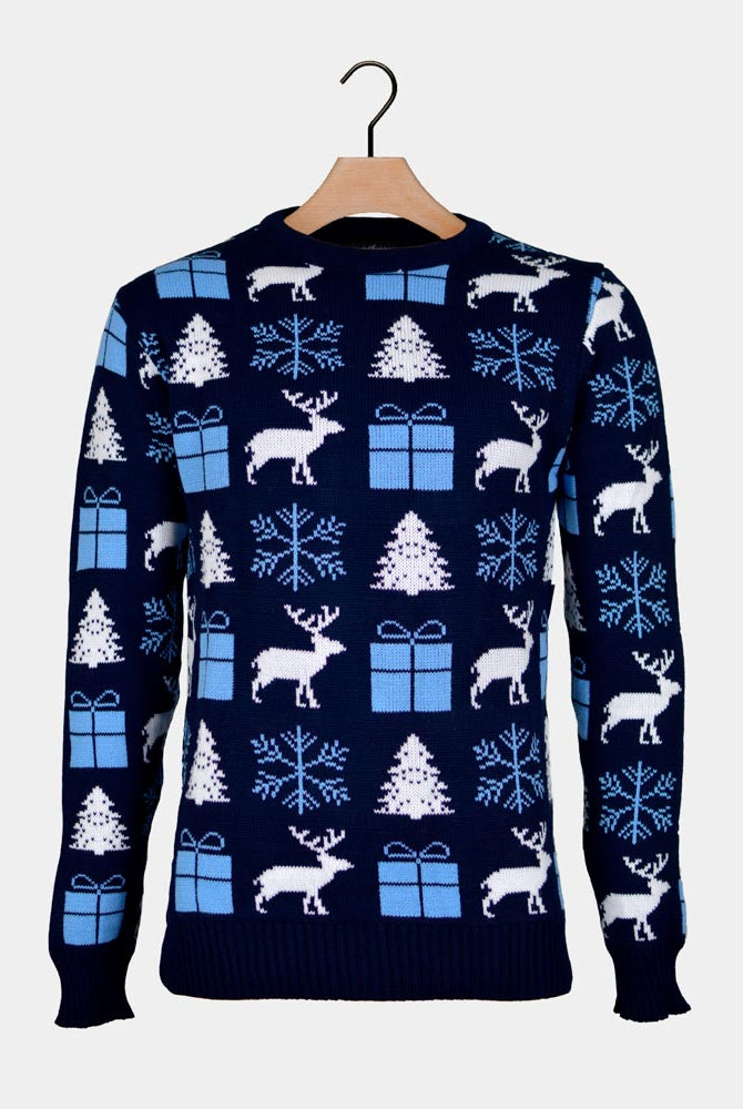 Blue Couple's Christmas Jumper Reindeers, Gifts Trees