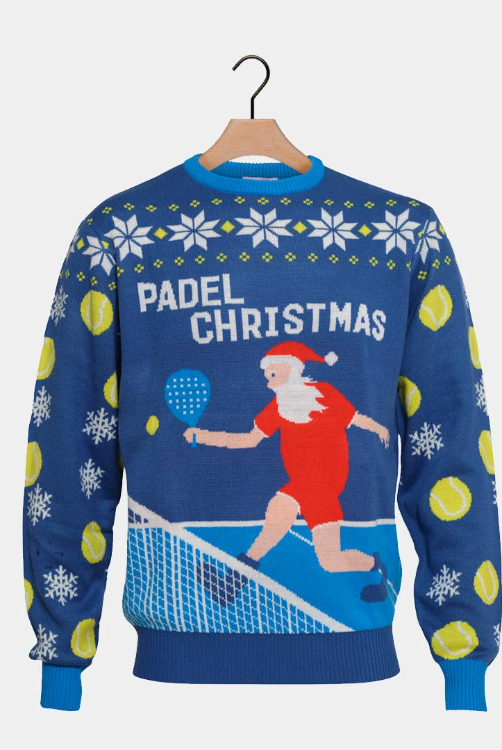Blue Couple's Christmas Jumper Santa playing Padel