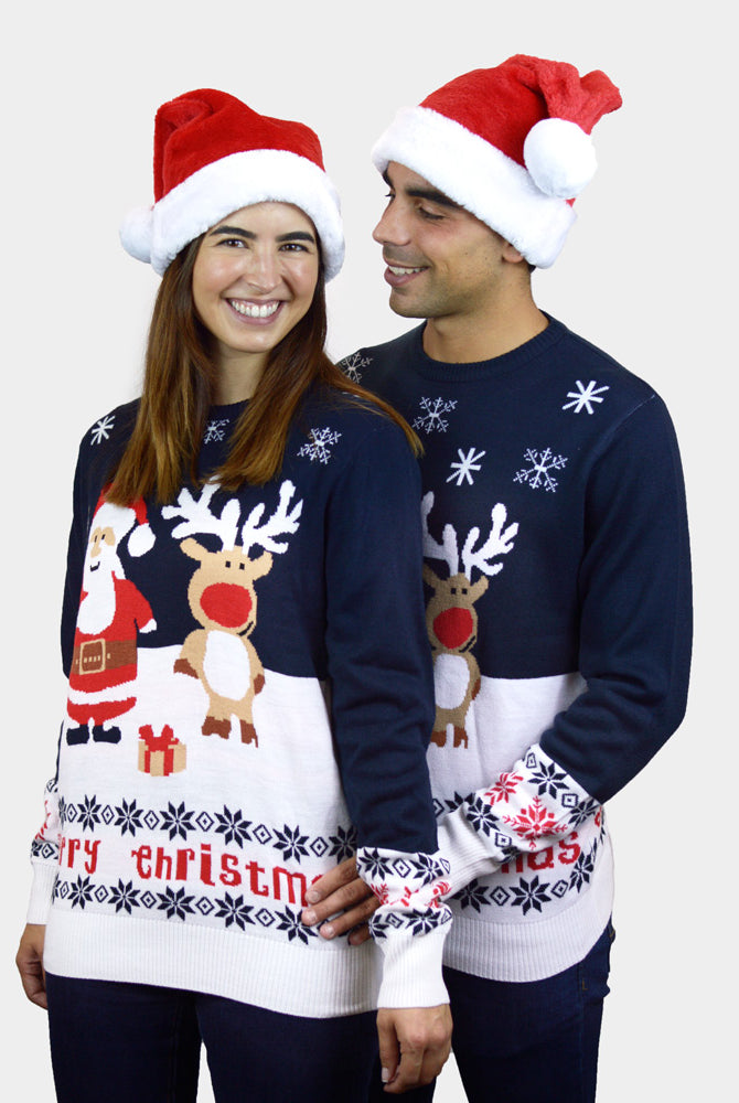 Couples Blue Christmas Jumper with Santa and Rudolph