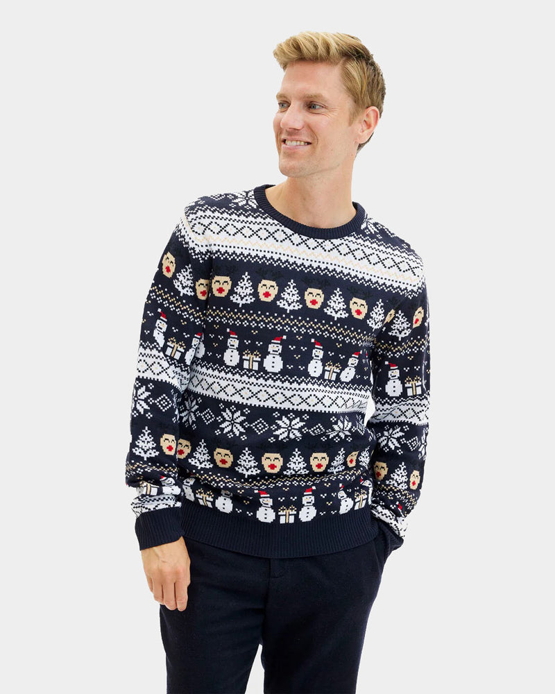 Mens Blue  Christmas Jumper with Snowmen and Trees