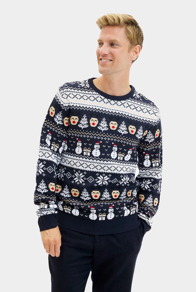 Mens Blue Christmas Jumper with Snowmen and Trees