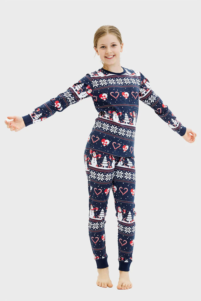 Blue Christmas Pyjama Girls Children with Snowmen and Hearts