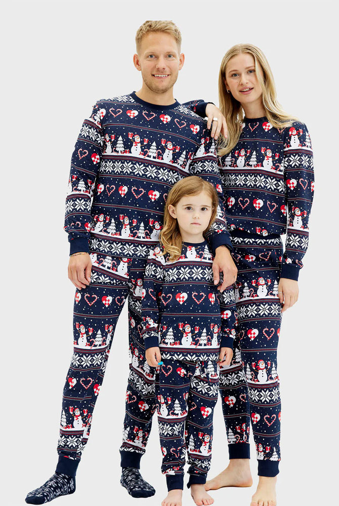Blue Christmas Pyjama for Family with Snowmen and Hearts