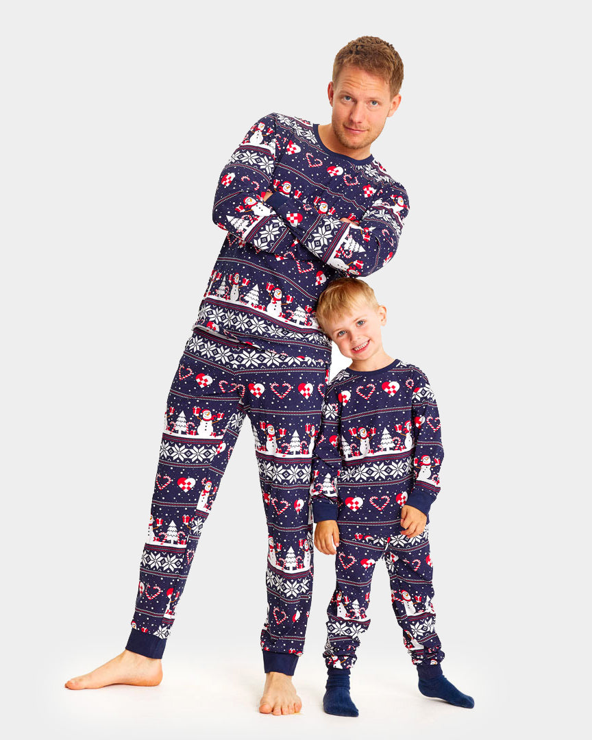 Blue Christmas Pyjama for kids Men with Snowmen and Hearts