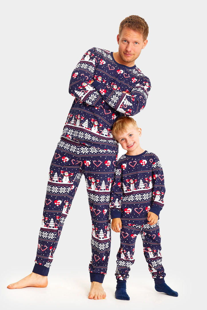 Blue Christmas Pyjama for kids Men with Snowmen and Hearts