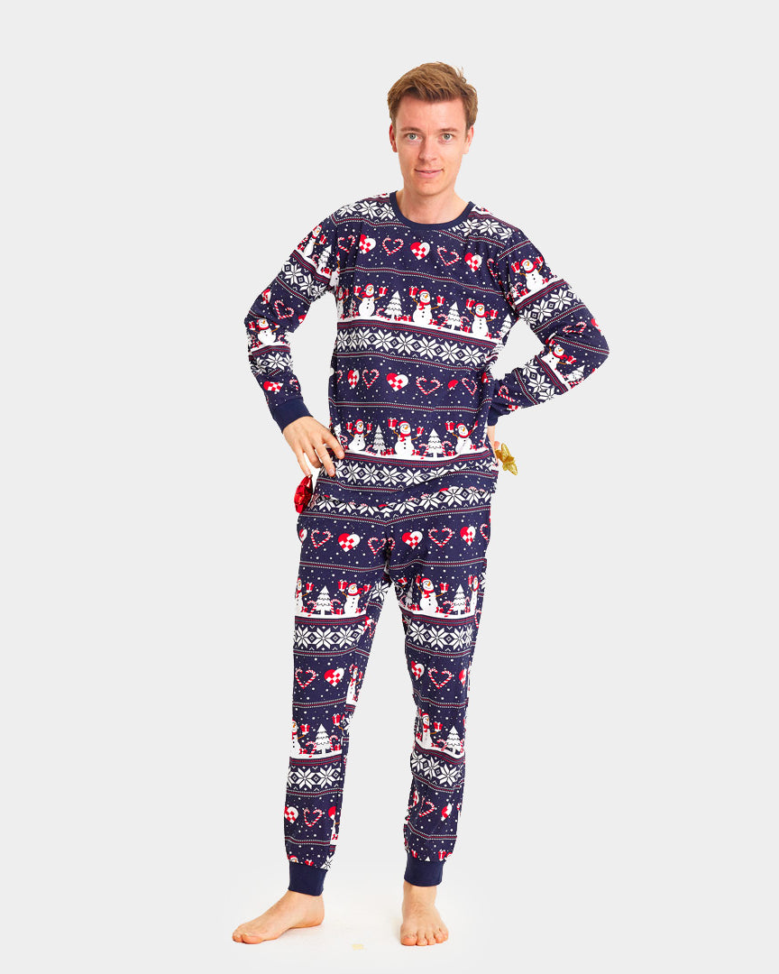 Blue Christmas Pyjama for Men with Snowmen and Hearts