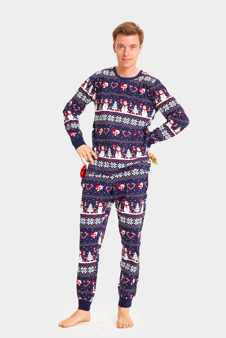 Blue Christmas Pyjama for Men with Snowmen and Hearts