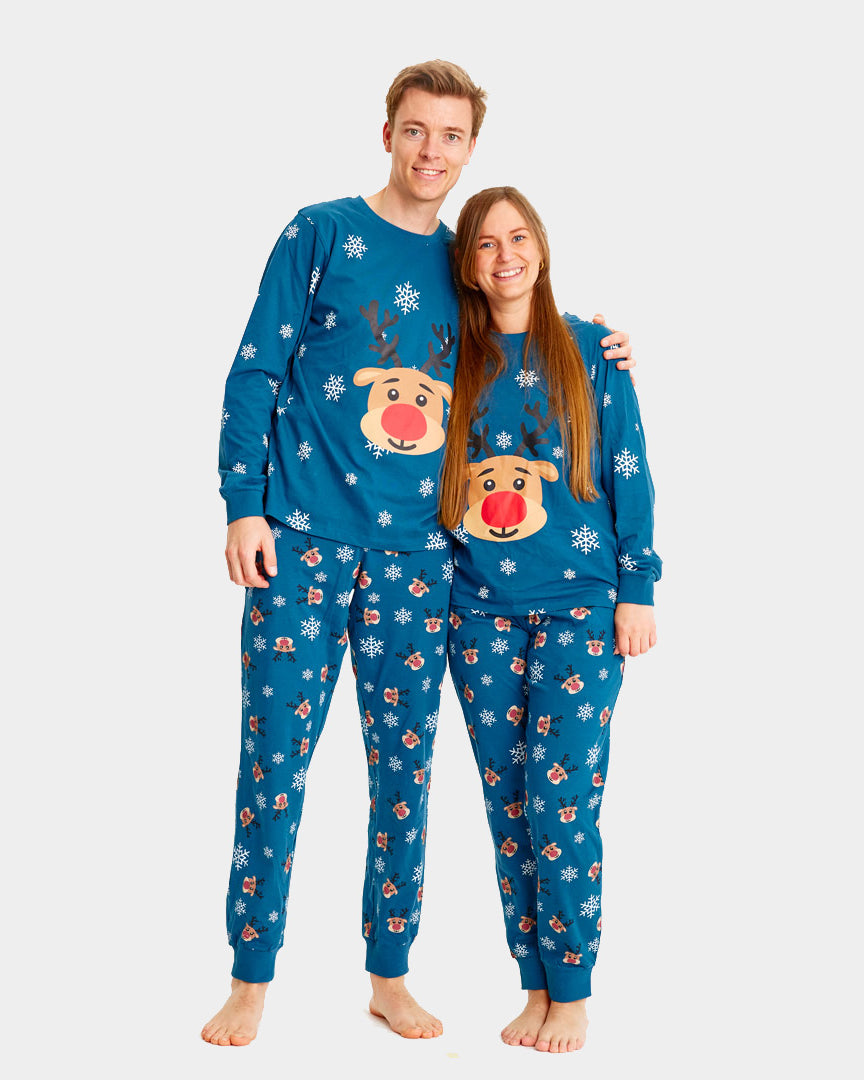 Blue Christmas Pyjama for Women and Men with Rudolph the Reindeer