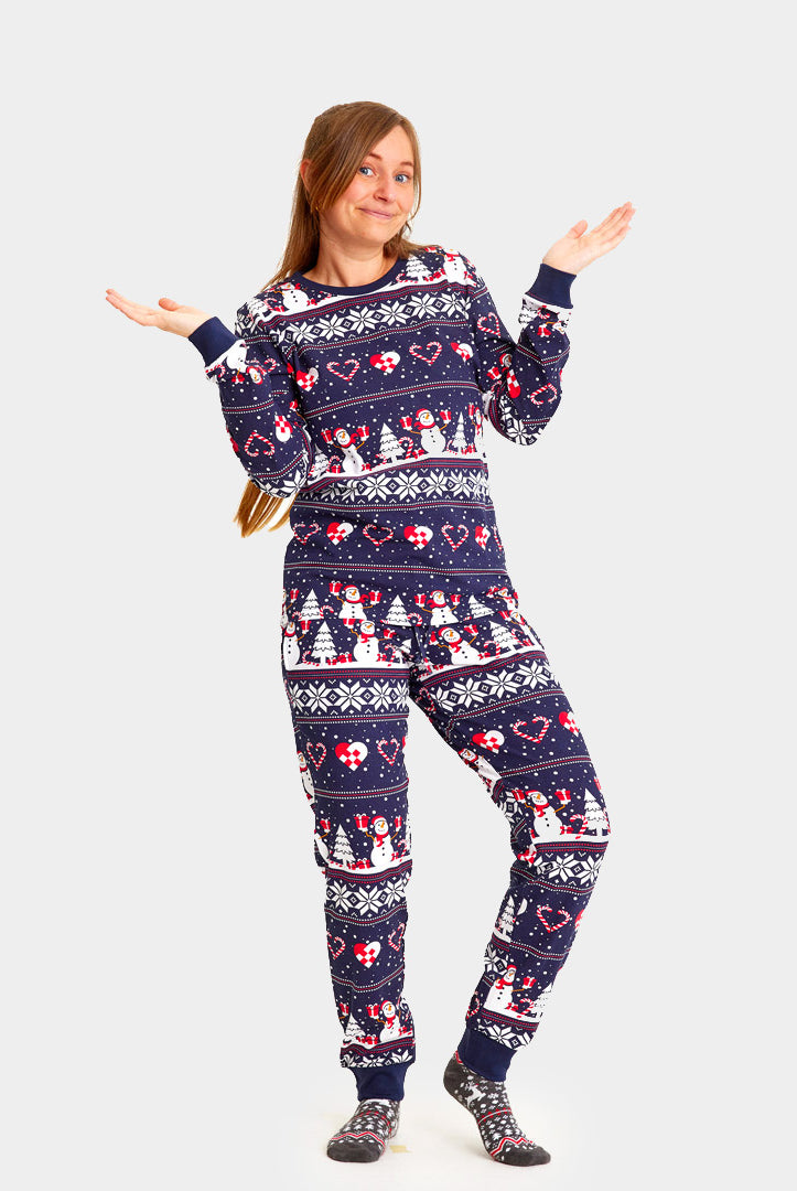 Blue Christmas Pyjama for Women with Snowmen and Hearts