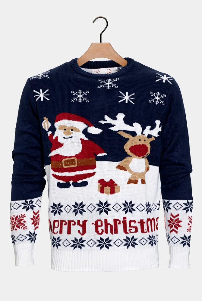 Blue Organic Cotton Couple's Christmas Jumper Santa and Rudolph