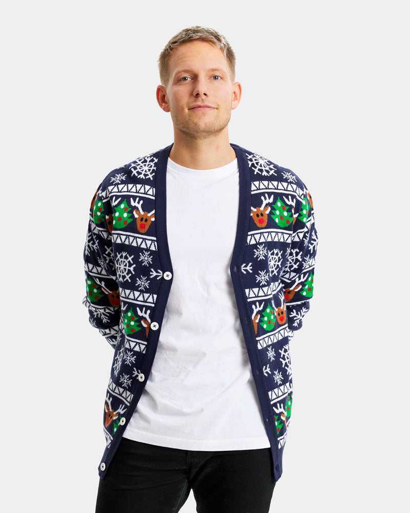 Blue Couple's Cardigan Christmas Jumper with Reindeers and Trees detail
