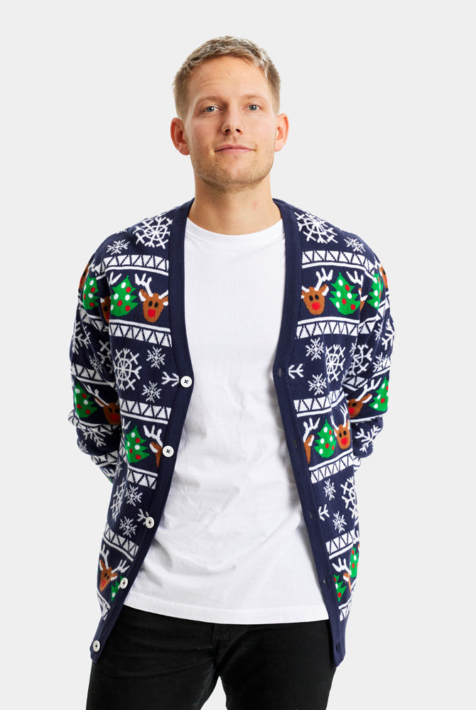 Blue Couple's Cardigan Christmas Jumper with Reindeers and Trees detail