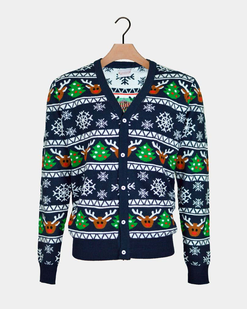 Blue Couple's Cardigan Christmas Jumper with Reindeers and Trees