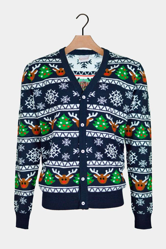 Blue Couple's Cardigan Christmas Jumper with Reindeers and Trees