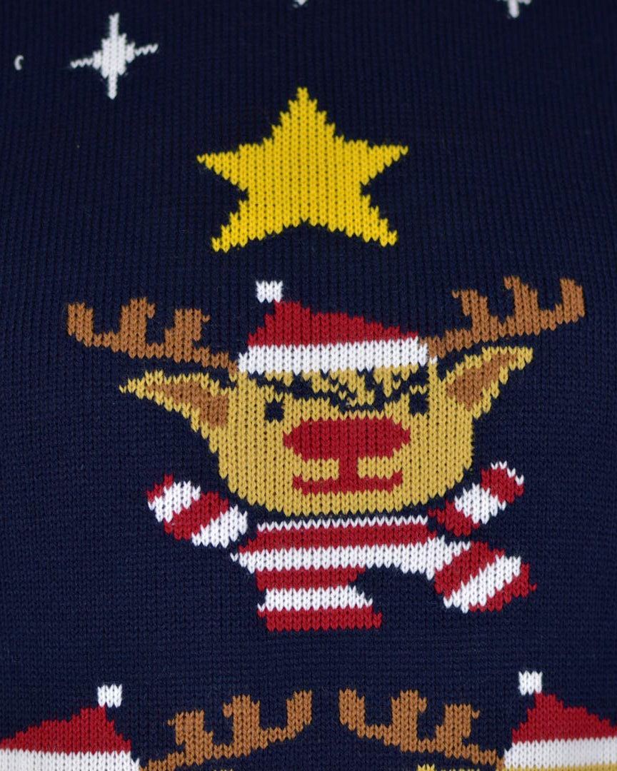 Blue Couple's Christmas Jumper with Reindeers, Christmas Tree and Star detail