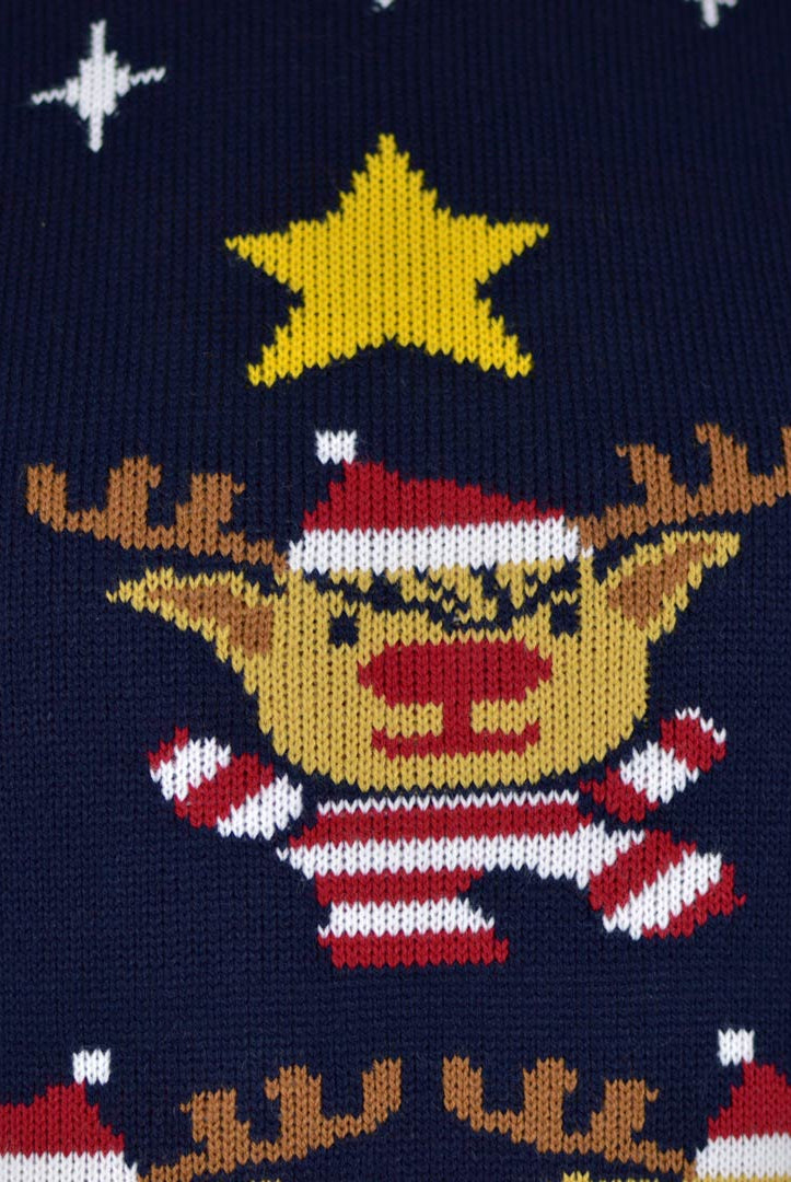 Blue Couple's Christmas Jumper with Reindeers, Christmas Tree and Star detail