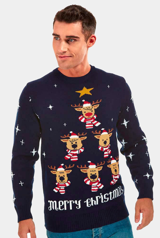 mens Blue Couple's Christmas Jumper with Reindeers, Christmas Tree and Star