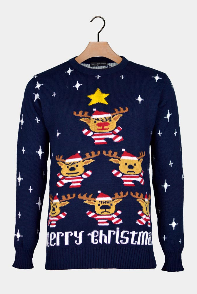 Blue Couple's Christmas Jumper with Reindeers, Christmas Tree and Star
