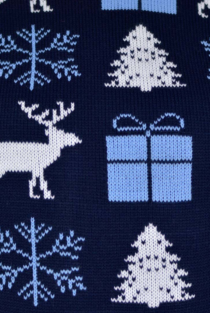 Blue Couple's Christmas Jumper with Reindeers, Gifts and Trees detail