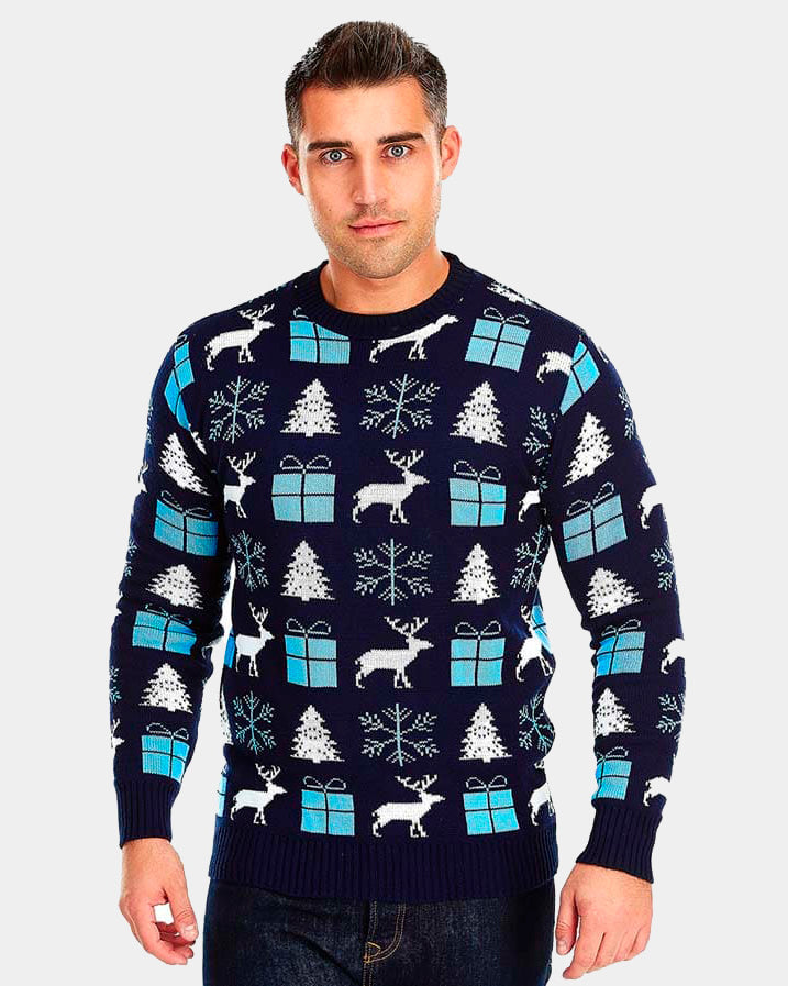 mens Blue Couple's Christmas Jumper with Reindeers, Gifts and Trees