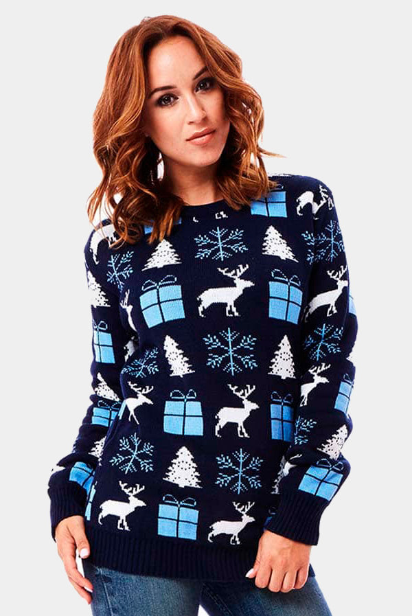 Blue Couple's Christmas Jumper with Reindeers, Gifts and Trees womens