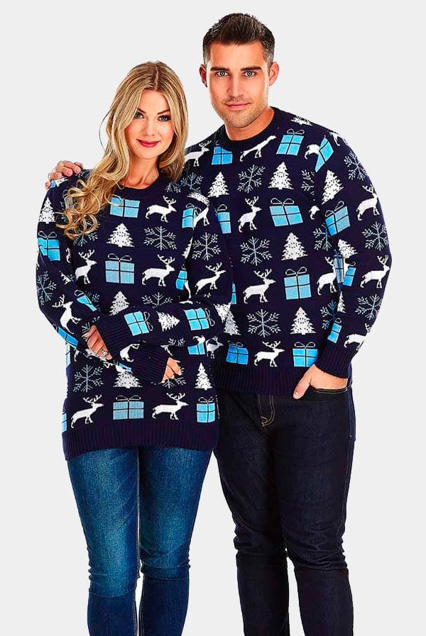 Blue Couple's Christmas Jumper with Reindeers, Gifts and Trees