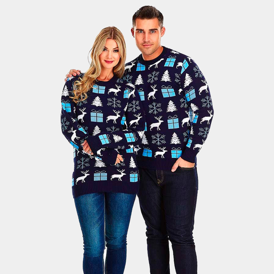 Blue Couple's Christmas Jumper with Reindeers, Gifts and Trees
