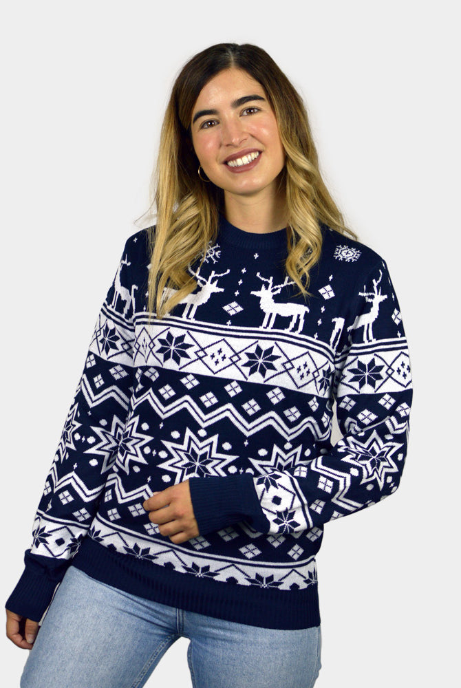 womens Blue Couple's Christmas Jumper with Reindeers and Nordic Stars
