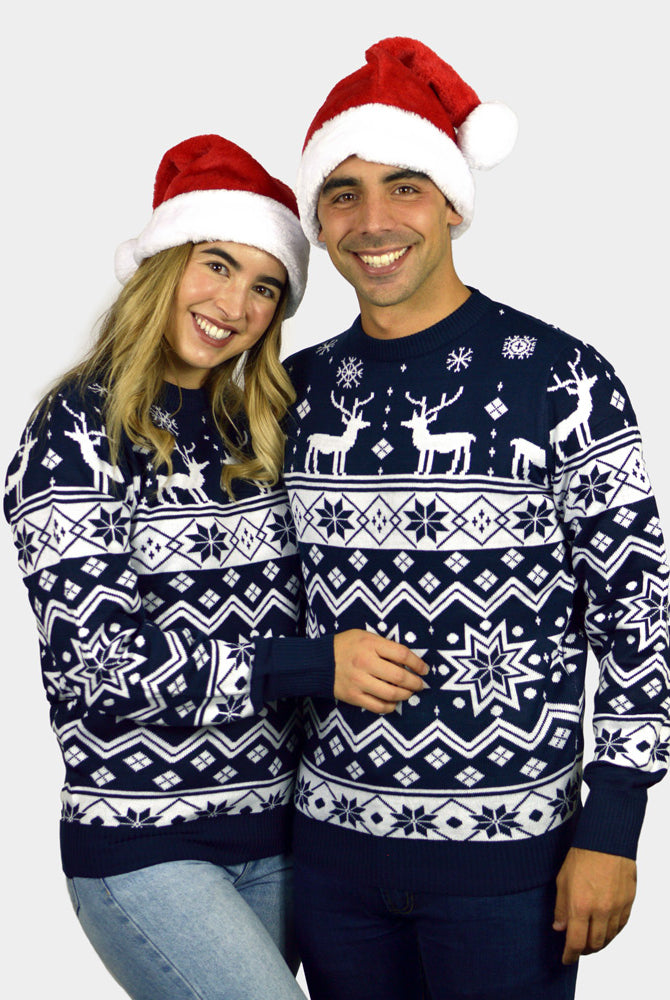 Blue Couple's Christmas Jumper with Reindeers and Nordic Stars