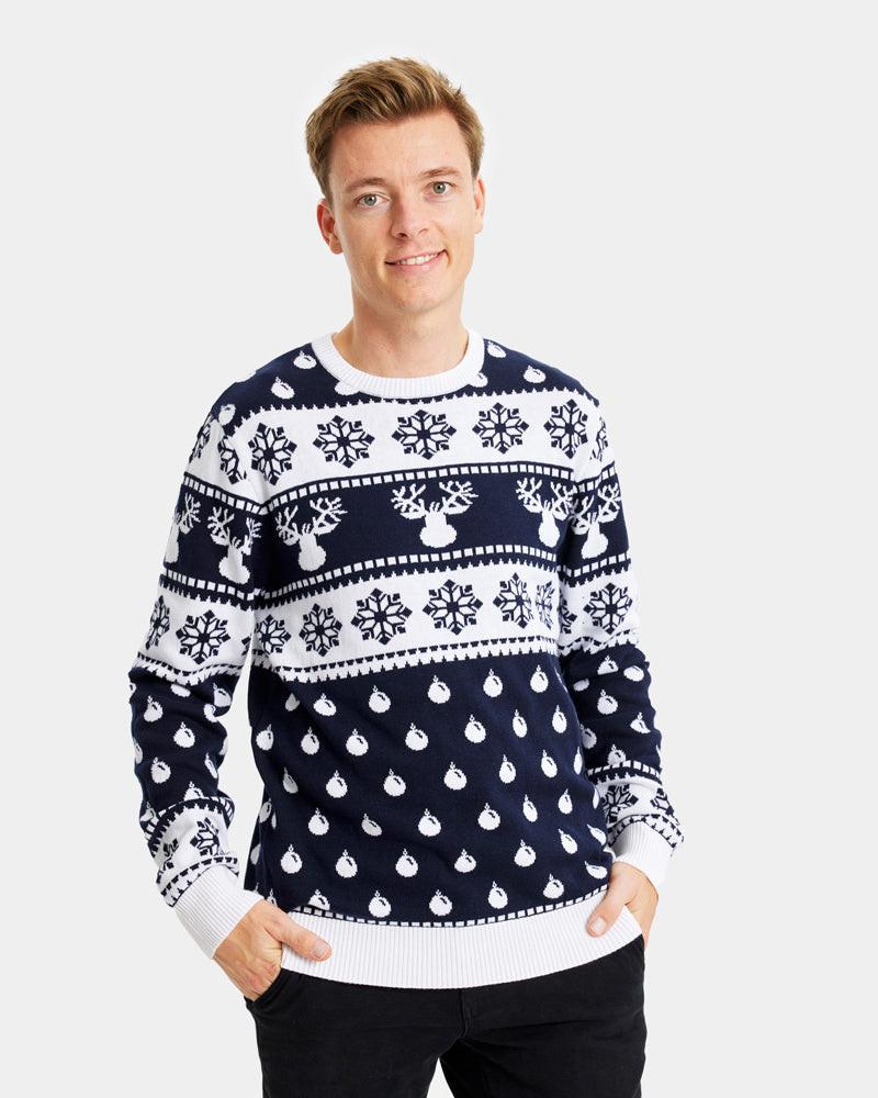 Blue Couple's Christmas Jumper with Reindeers and Snow Mens