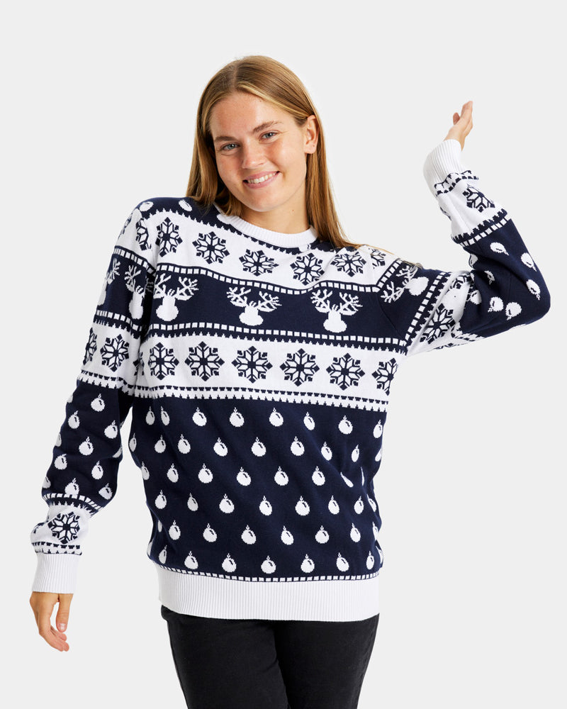 Blue Couple's Christmas Jumper with Reindeers and Snow womens
