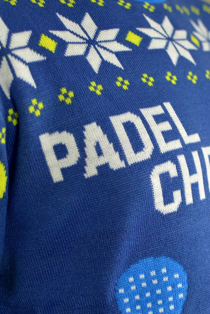 Blue Couple's Christmas Jumper with Santa playing Padel detail