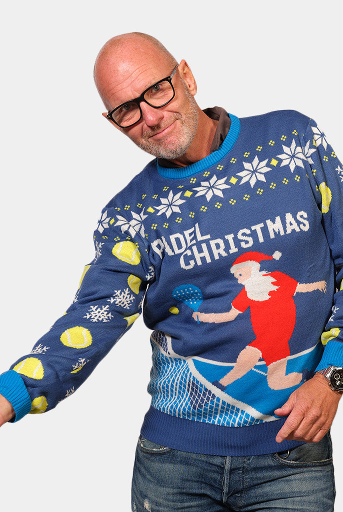 Mens Blue Couple's Christmas Jumper with Santa playing Padel