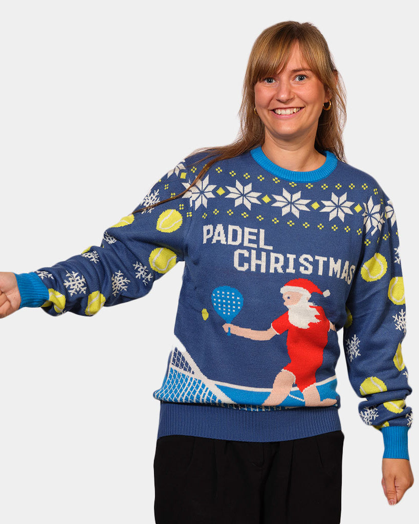 Blue Couple's Christmas Jumper with Santa playing Padel womens