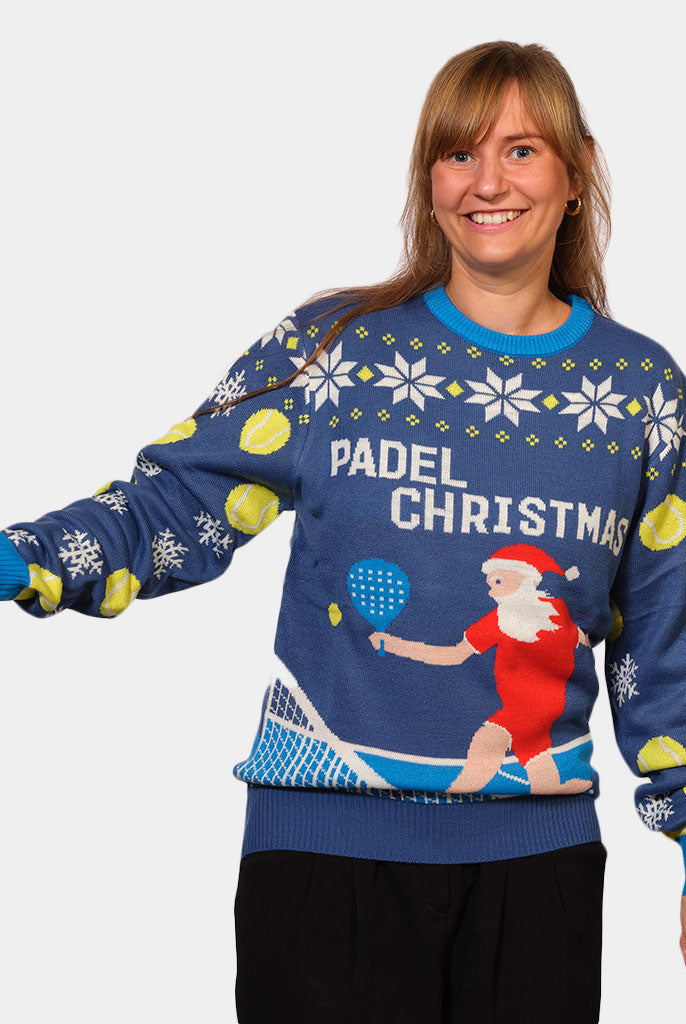 Blue Couple's Christmas Jumper with Santa playing Padel womens