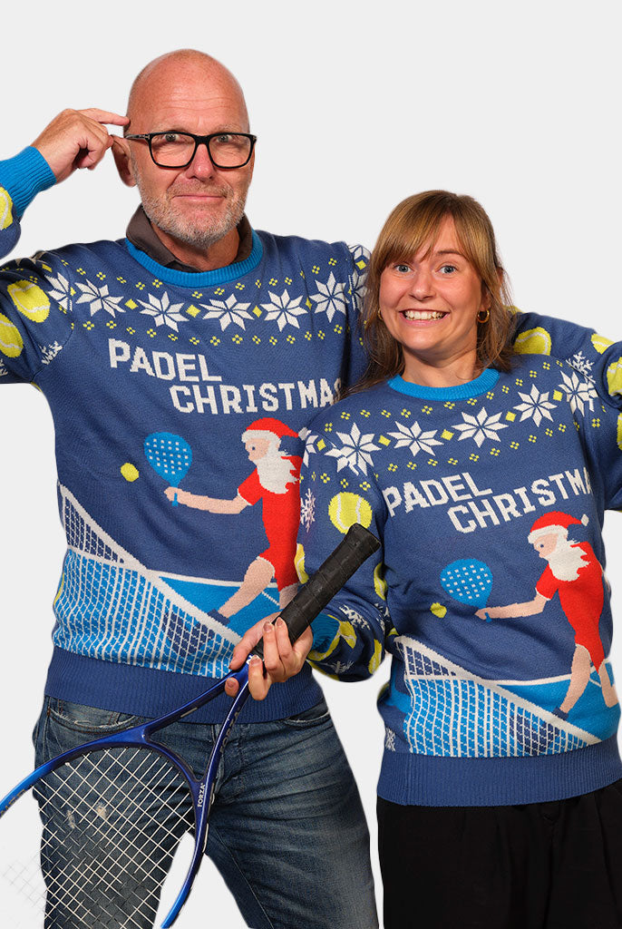 Blue Couple's Christmas Jumper with Santa playing Padel