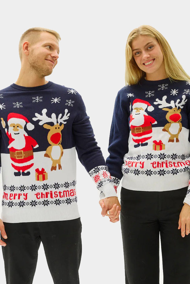 Blue Couple's Christmas Jumper with Santa and Rudolph