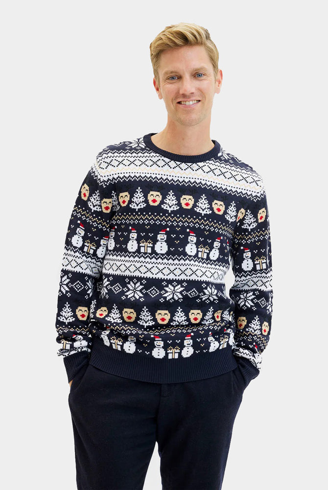 Mens Blue Couple's Christmas Jumper with Snowmen and Trees