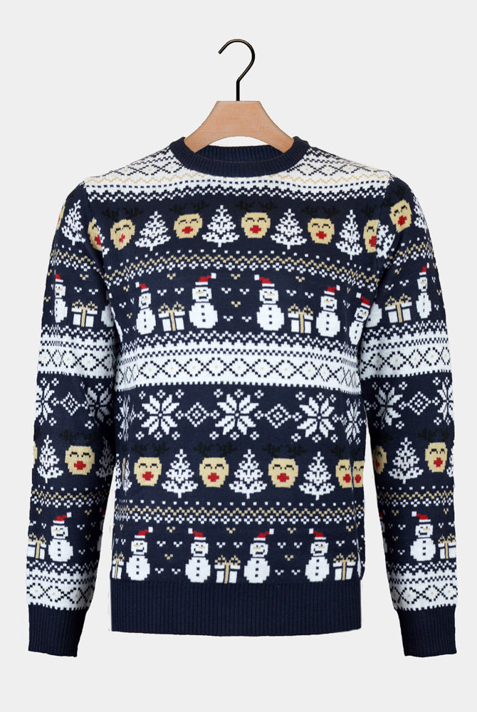 Snowmen Blue Couples Christmas Jumper with Trees