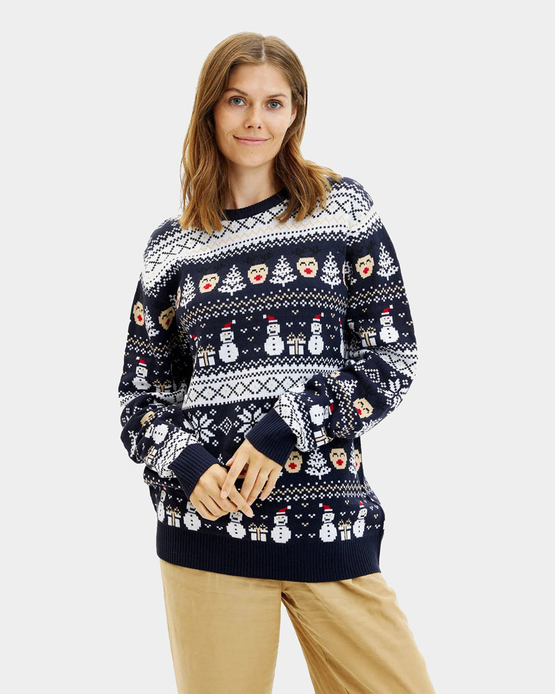 Blue Couple's Christmas Jumper with Snowmen and Trees Womens