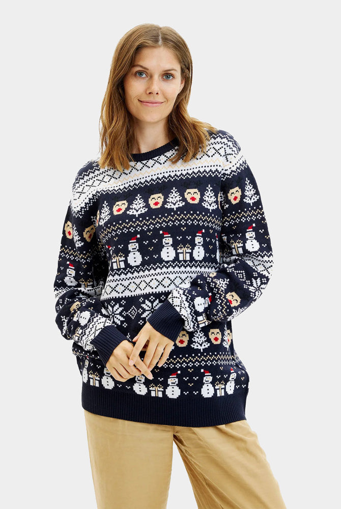 Blue Couple's Christmas Jumper with Snowmen and Trees Womens