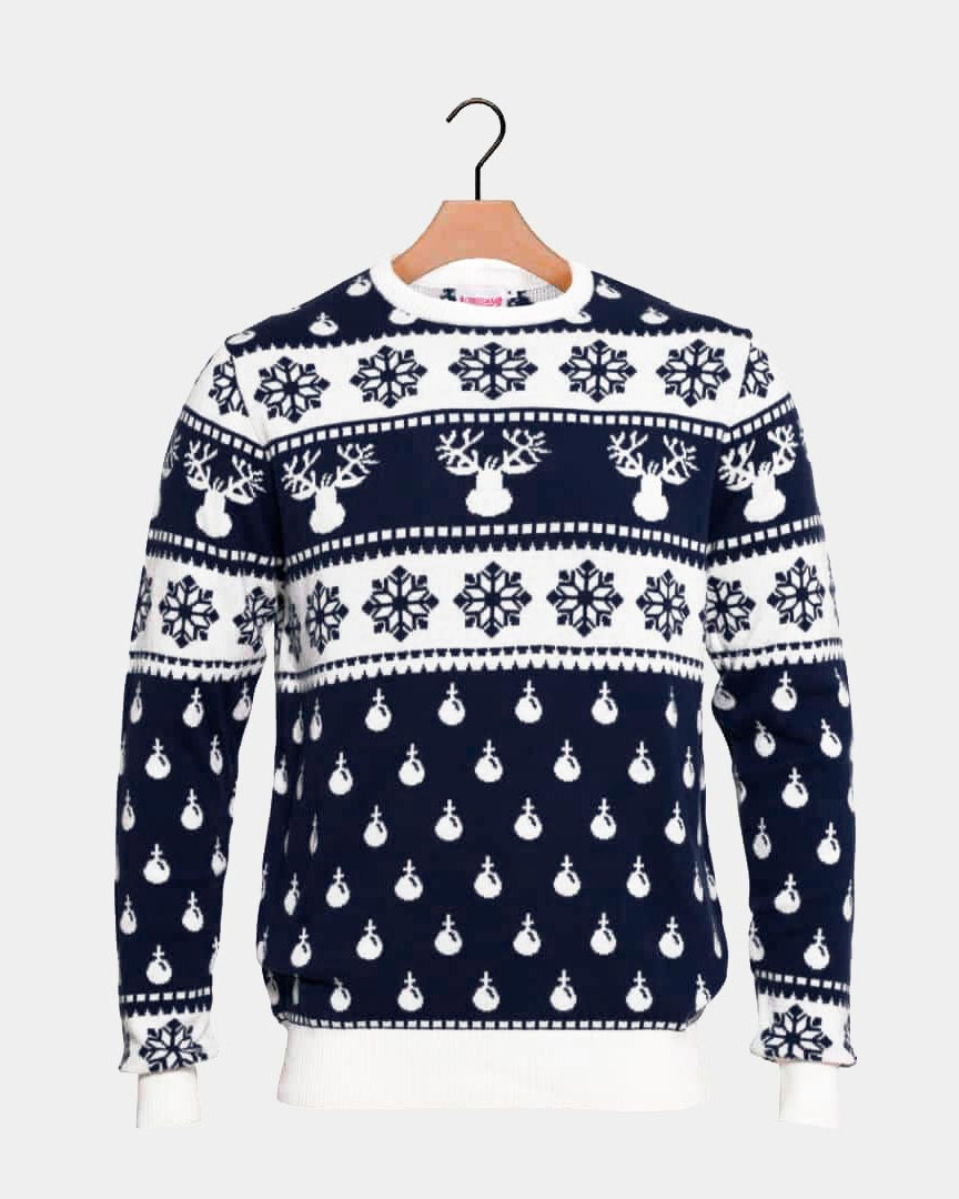Blue Christmas Jumper with Reindeers and Snow Family