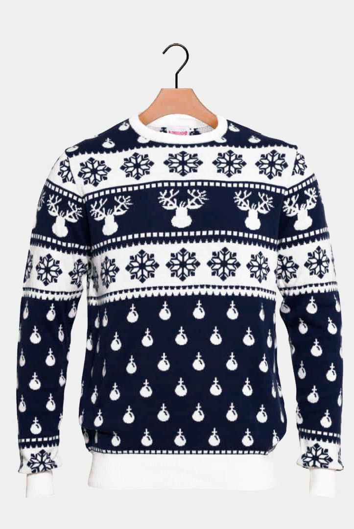 Blue Christmas Jumper with Reindeers and Snow Family