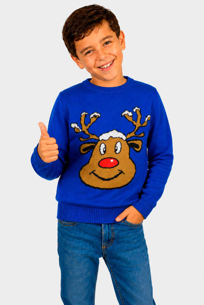 Blue Family Christmas Jumper with Smiling Reindeer Boy