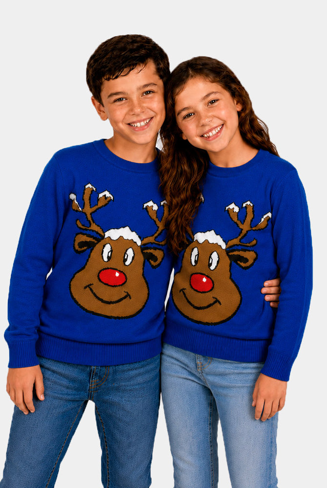 Blue Family Christmas Jumper with Smiling Reindeer Children