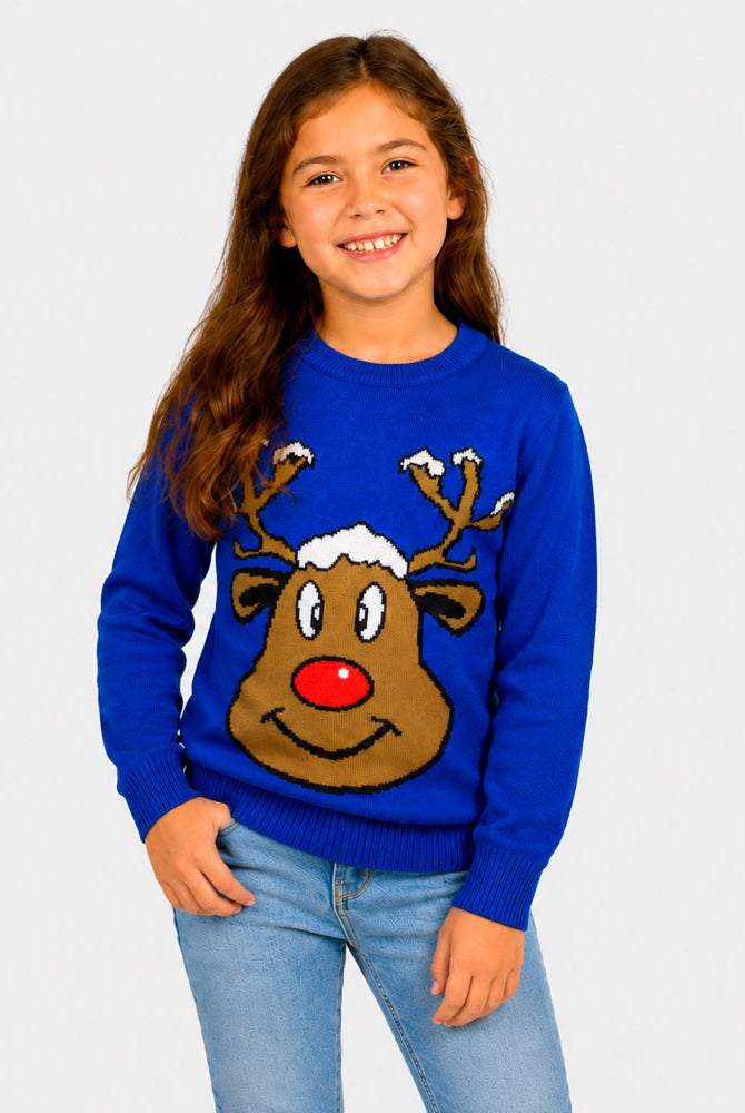 Blue Family Christmas Jumper with Smiling Reindeer Girl