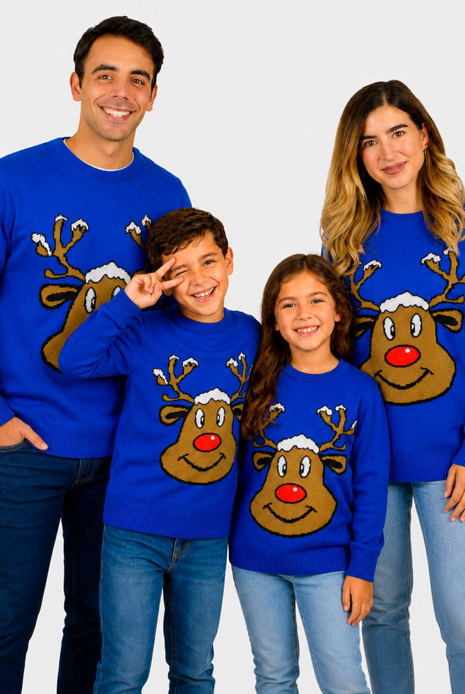 Blue Family Christmas Jumper with Smiling Reindeer
